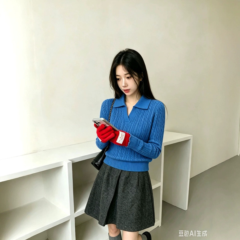 For personal use~ Relaxed French style, scissor V-neck, finely knitted cable pattern, drop shoulder, slimming, soft and cozy long-sleeve knit sweater For personal use~ Relaxed French style, scissor V-neck, finely knitted cable pattern, drop shoulder, slimming, soft and cozy long-sleeve knit sweater