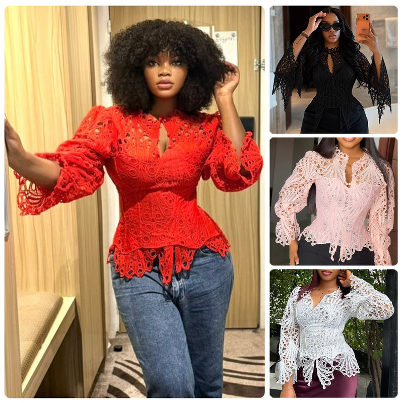 African-style crochet lace top, women's stand-up collar, V-neck, slit, fitted waist, and flared sleeves African-style crochet lace top, women's stand-up collar, V-neck, slit, fitted waist, and flared sleeves