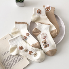 Korean Socks Lady Color-blocked Lace Cute Bear Cartoon Socks Dongdaemun New Arrival Girls Cotton Socks Casual Short Socks