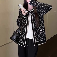 小清新设计感菱格毛衣外套女春秋中长款拼色菱形灰色针织开衫上衣