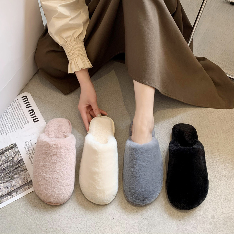 跨境外贸毛毛鞋女保暖包头平底毛拖纯色简约百搭家居棉拖室内拖鞋