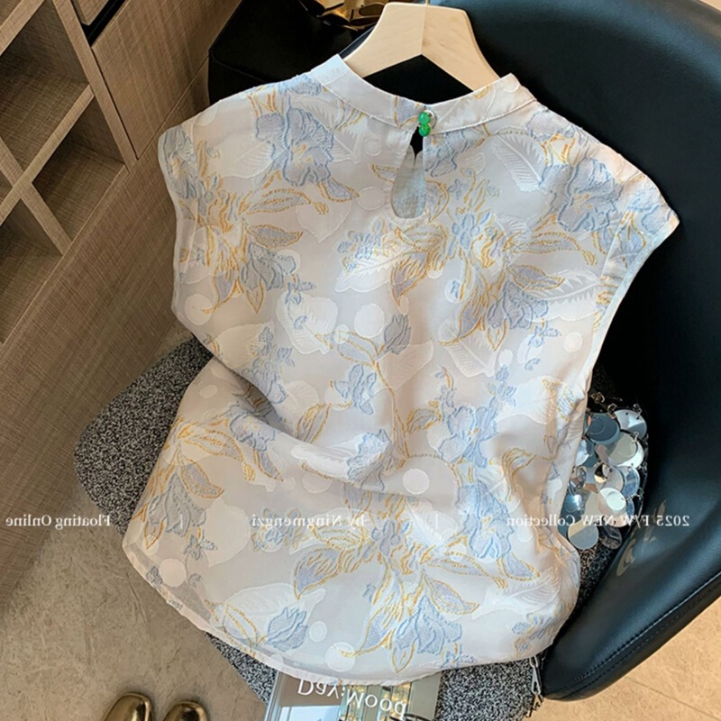 新しい中国風スタンドカラーボタン刺繍ジャカードノースリーブシャツ女性のための 2025 新しい禅スタイル年齢軽減シックなベストトップ|undefined