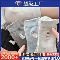 早秋中筒吸汗抑菌袜ins甜美蝴蝶结秋夏季可爱小狗小猫刺绣袜子女