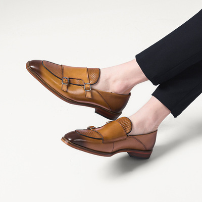 商务正装搭扣牛皮黑男鞋男士英伦孟克鞋方头套脚帅气上班皮鞋男