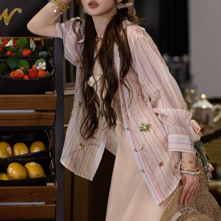 Spring/Summer 2026【Lychee Ice】Lyocell Cool Slightly Sweet Pink Striped Floral Embroidery Shirt