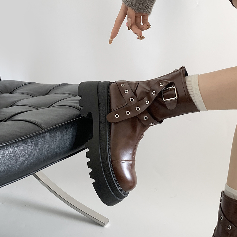 Brown American Retro Thick-Soled Boots for Women Summer 2024 New Maillard Slimming Look and Heightening Short Boots