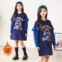 2022秋冬季新款中大女童格子長袖燙畫連衣裙洋氣寬鬆休閒學生網紅