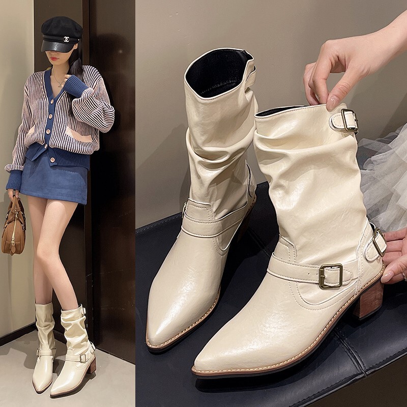 Off-White Fashion American Western Mid-Length Boots for Women 2025 New Autumn Slimming Chunky Heel Slouch Boots