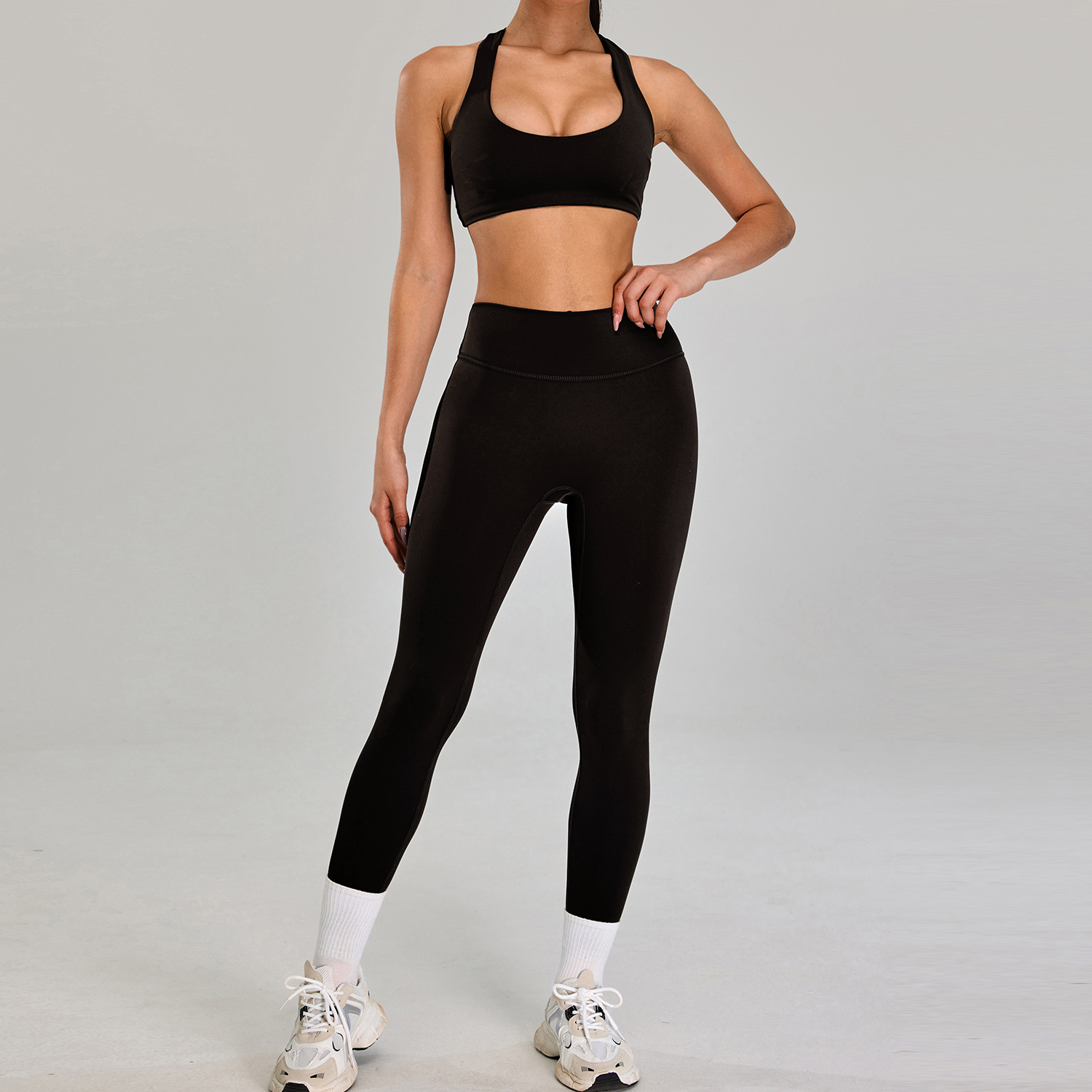 Traje deportivo de alta intensidad europeo y americano, correr al aire libre, ropa de fitness desnuda, cintura alta delgada, ropa de yoga de cinco piezas