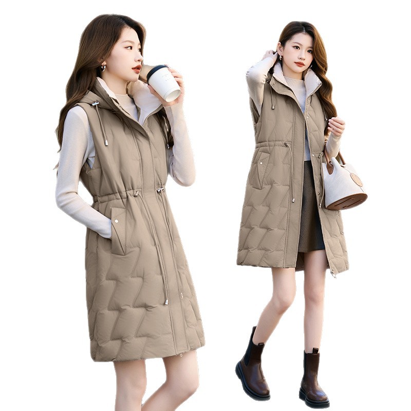 2025 otoño y invierno grueso con capuzas de algodón largo abrazadera de caballo chaqueta de mujer coreana delgada hombro sobre rodilla chaleco de pluma de algodón de moda