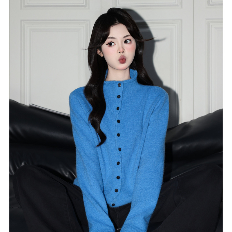 Forever 21 Klein Blue Chic High-Neck Knitted Sweater for Women Korean Style Loose Long-Sleeved Cardigan Top