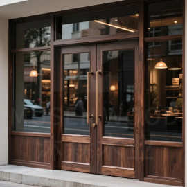 工厂定制实木双开玻璃门酒店商铺咖啡馆花店饭店烤漆黑胡桃木中式