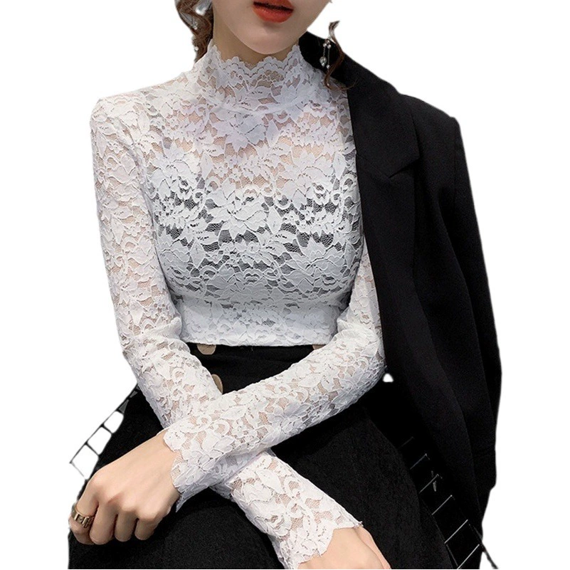Новая рубашка с полым кружевным дном тонкая футболка с длинным и коротким рукавом Женская осенне-зимняя куртка с высоким воротником тонкий оптом. Поколение волос