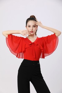 Black red white Ballroom Latin dance salsa cha cha dance tops for women girls ballet modern dance ruffles sleeves blouses jitterbug fashion clothing