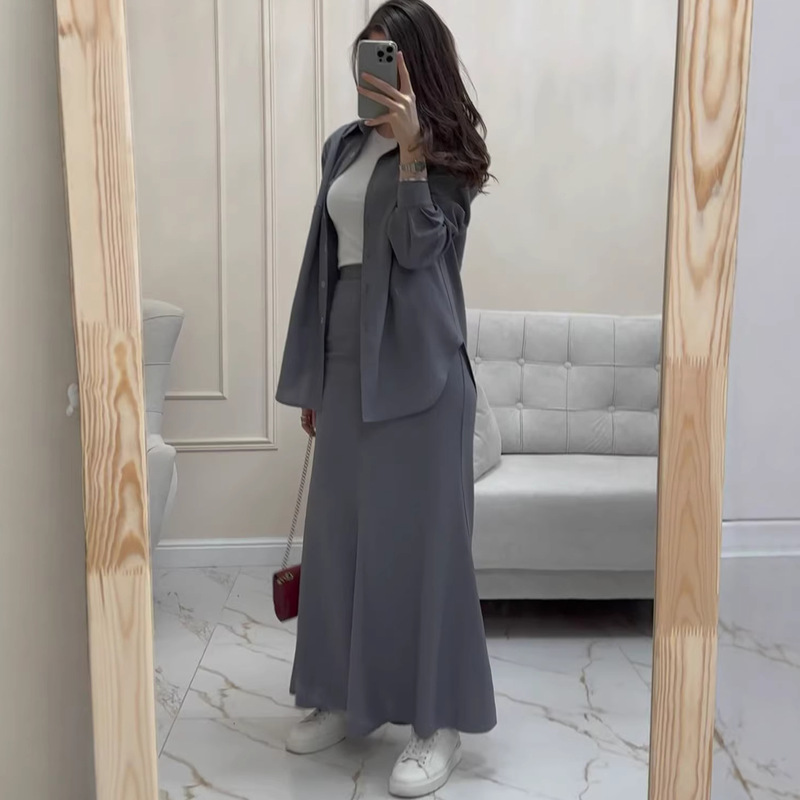 2024 New Style Elastic Waist Summer Casual Long-Sleeved Shirt Set, Comfortable Loose Thin Long Skirt Two-Piece Set for Women, Gray