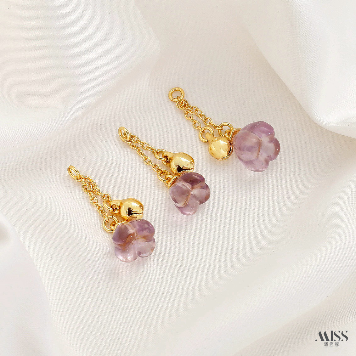 Inlaid with natural amethyst, plated with real gold and thick silver, angel and osmanthus drop-shaped decorative bead pendant DIY jewelry accessories