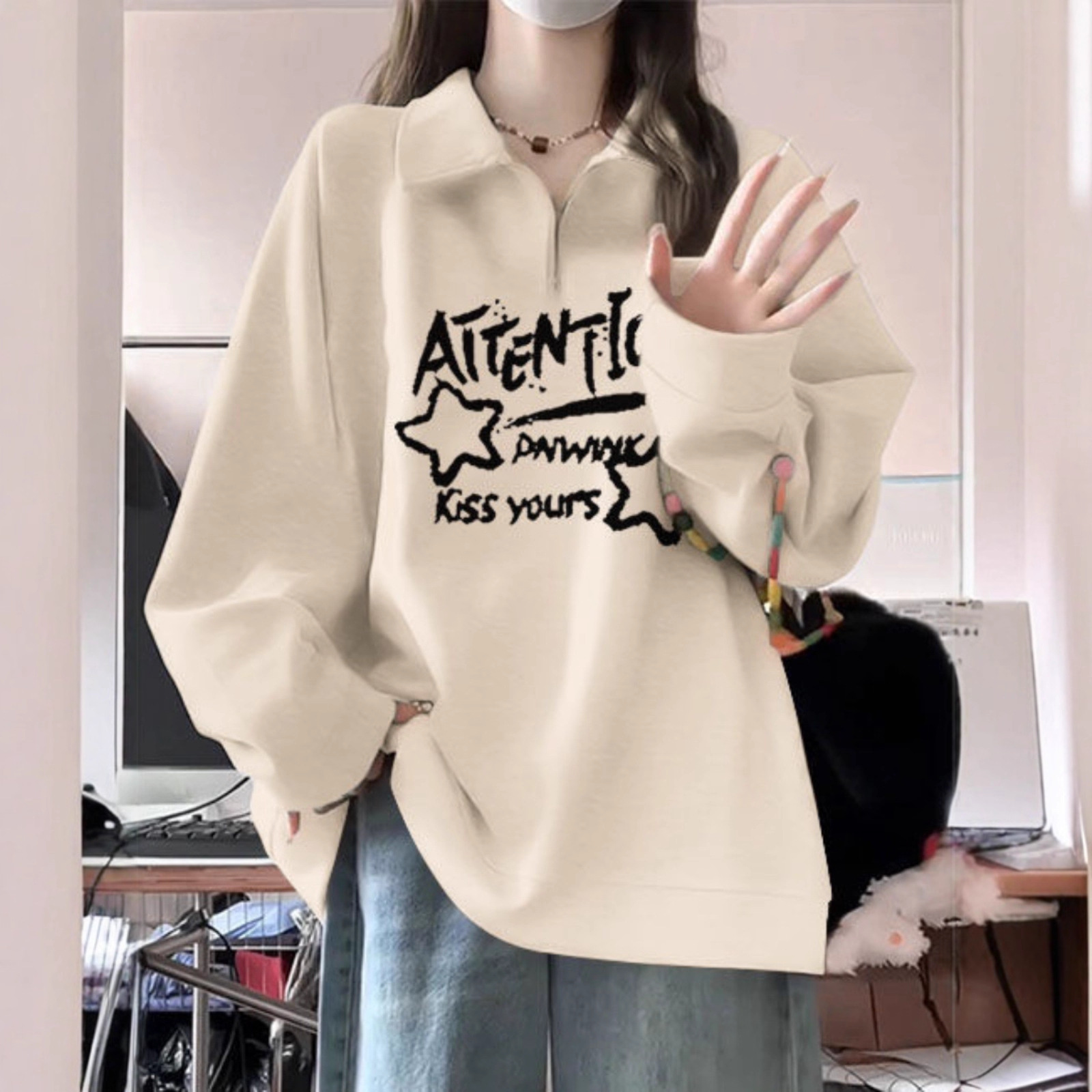 青少年长袖polo领拉链卫衣少女大童春秋加厚初中高中学生宽松上衣