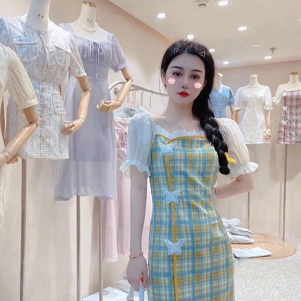2026 Summer New Style Girly Plaid Puff Sleeve Cheongsam Style Butterfly Button Decoration Commuter Slim Dress for Women