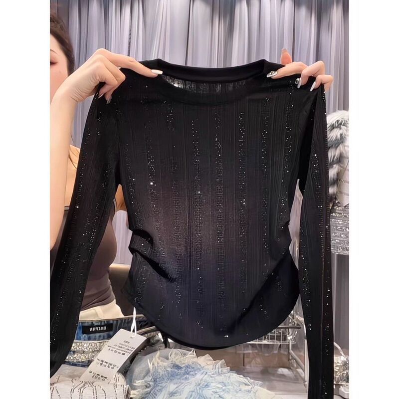 Light Luxury Black Rhinestone Sequin Long-Sleeve T-Shirt for Women, New Spring and Autumn Style, Waist-Cinching Slim-Fit Base Shirt, Elegant Top Light Luxury Black Rhinestone Sequin Long-Sleeve T-Shirt for Women, New Spring and Autumn Style, Waist-Cinching Slim-Fit Base Shirt, Elegant Top