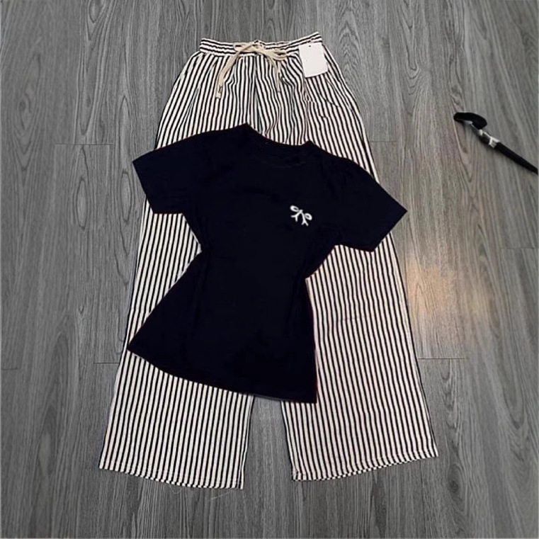 貿易ファッションスーツレディースリボン刺繍Tシャツショーツストライプルーズスリムワイドレッグパンツカジュアル2点セット|undefined