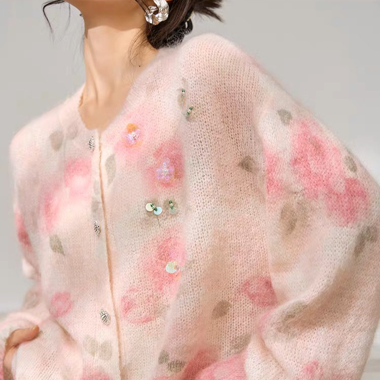 2026 Rose Dream Romantic Pink Floral Print Rhinestone Button Mohair Wool Round Neck Cardigan