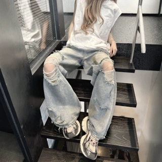 美式街头浅蓝破洞阔腿牛仔裤女男夏季高腰显瘦垂坠感直筒拖地长裤