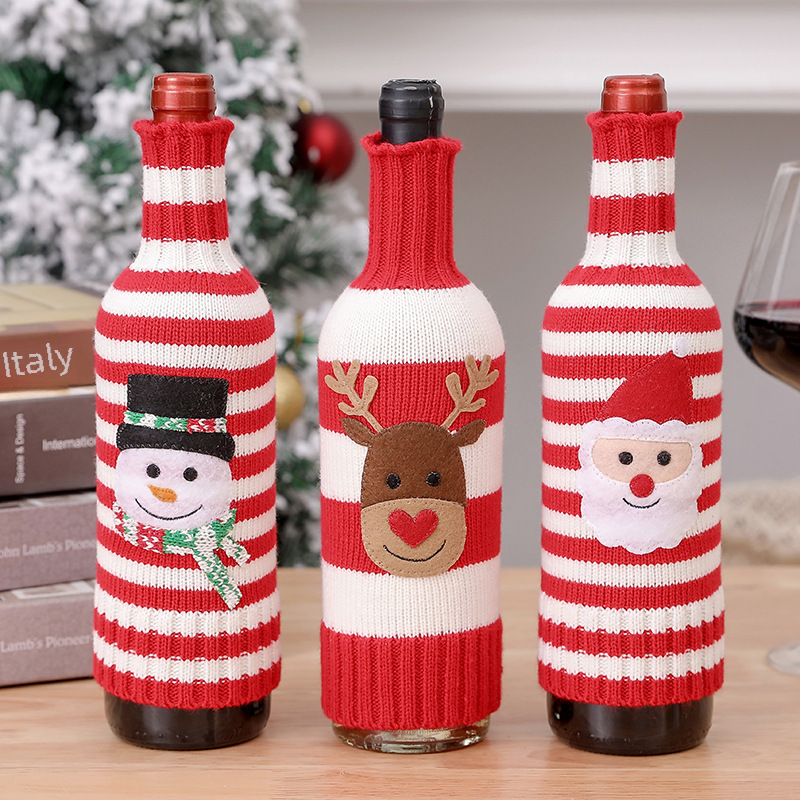 Neu Weihnachtsschmuck Wolle Acryl Gestrickte Gestreifte Weinflasche Set Elch Schneemann Wein Champagner Flasche_voghion.com