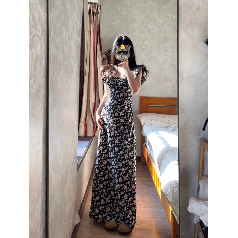 175cm Tall Women's Long Black Floral Waist-Cinching Dress with Ruffles, Ankle-Length, Slimming Effect 175cm Tall Women's Long Black Floral Waist-Cinching Dress with Ruffles, Ankle-Length, Slimming Effect