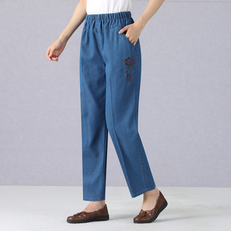 Summer New Product Direct from Manufacturer, Loose High-Waisted Elastic Women's Pants for Middle-Aged and Elderly Mothers, Cotton Straight-Leg Denim Trousers, Slimming Effect