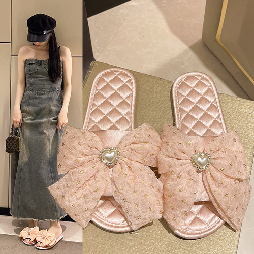 New Silk Slippers with Toe Exposure, Summer Home Soft Sole Cooling Slippers for Women, Simple Korean Style Forest System One-Piece Slippers for Wholesale