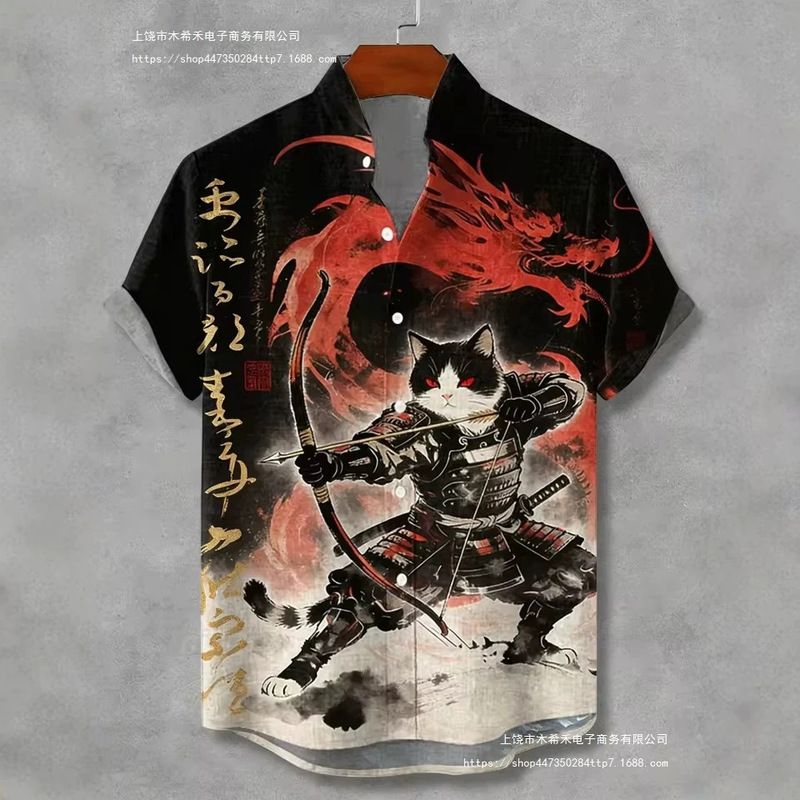 Japanese Samurai Cat 3D Printed Short-Sleeve Shirt, Vintage Ink Painting Stand Collar Button Casual Shirt Y2 Dropshipping