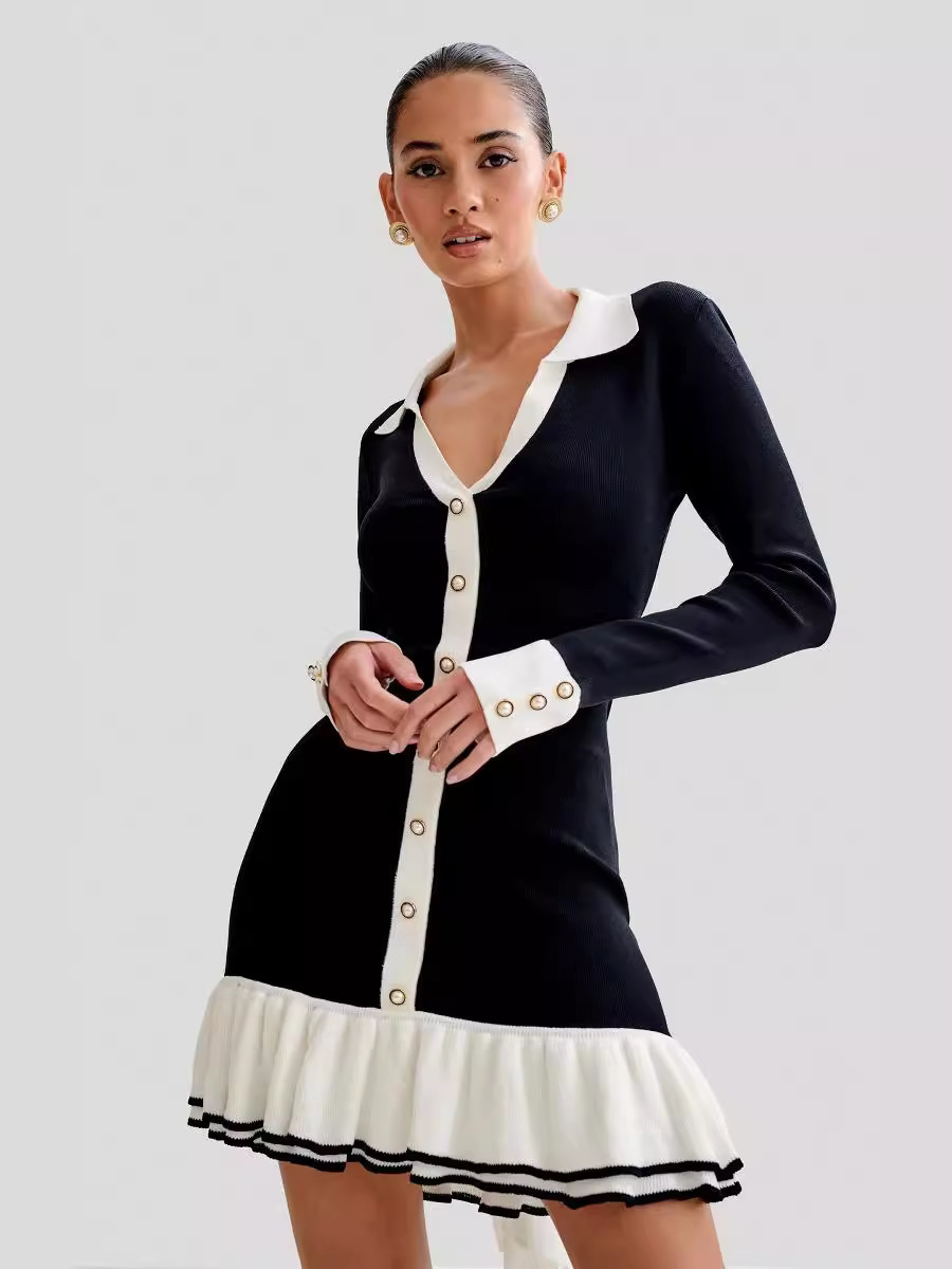 Women's Clothing bow tie ruffle knitted skirt sleeve pearl button small dress_voghion.com