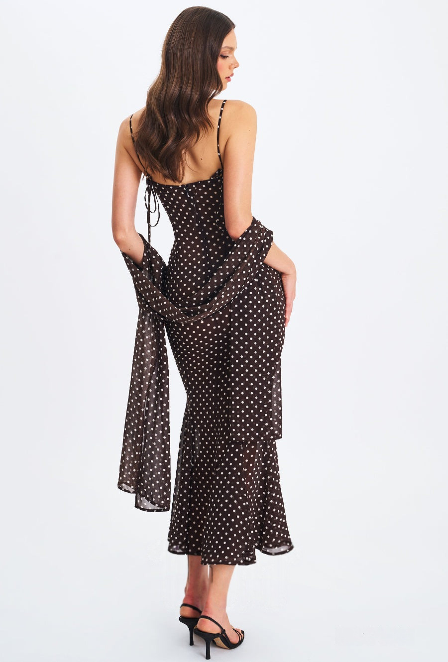 Women Elegant Spaghetti Strap Polka Dot Print Backless Dress Stylish Scarf Decor Slimming Party Vacation Dress_ecoleips.com