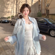 美式复古设计感蕾丝拼接开衩衬衫女夏季宽松学院风甜美防晒外套潮