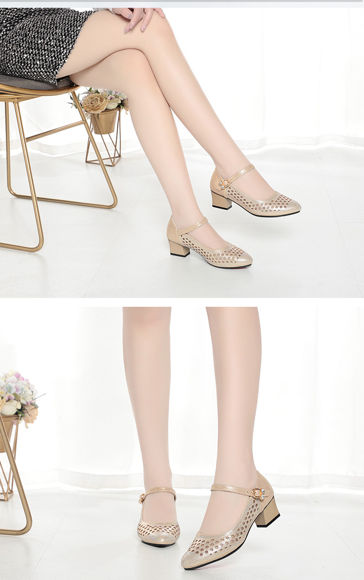 Sandal nữ quai ngang da thật lỗ thoáng mũi kín gót 4.5 cm — Vàng【Gót trung 4.5cm】 chi tiết 7