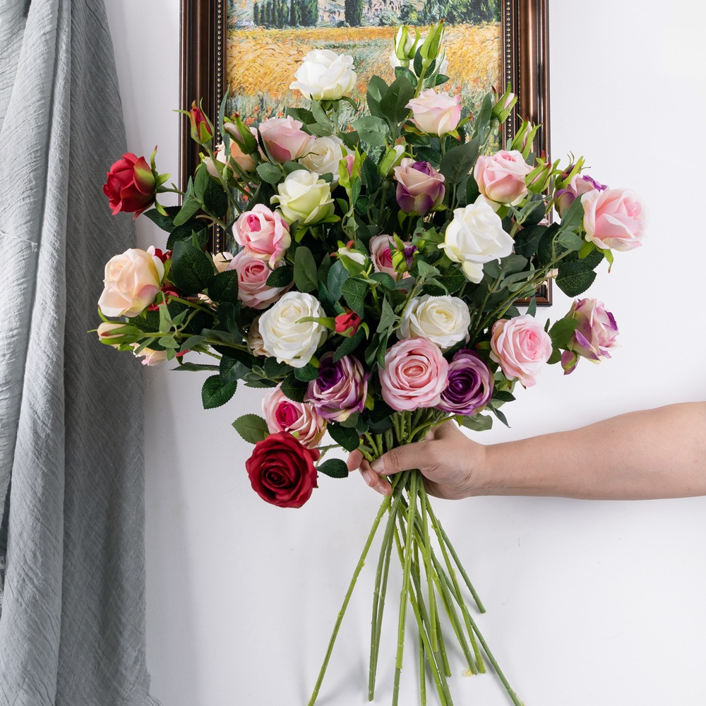 4頭玫瑰仿真花植物盆景婚慶裝飾品INS風植物牆批發玫瑰花MW15189