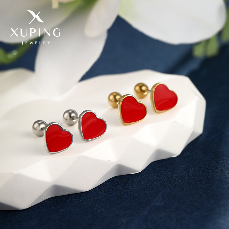 Xupe joyería de acero inoxidable epoxi rojo en forma de corazón tornillo aguja auricular libre espárragos japonés y coreano moda personalizada amor pendientes