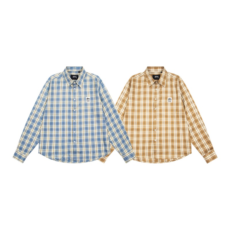 Cross-Border Stussy Japanese-Style Long-Sleeve Printed Shirt, New Loose Casual Plaid College-Style Shirt for Men and Women