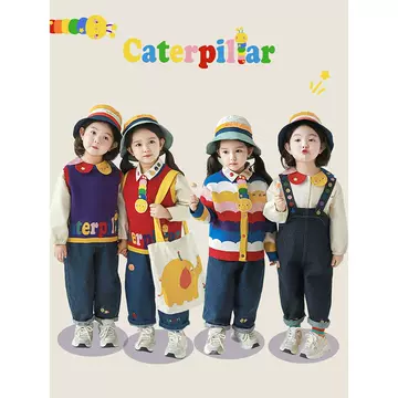 Wurib a girl rainbow series suit 2024 autumn vest coat worm embroidery shirt wide leg suspenders