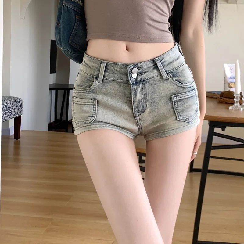 미국 스타일의 뜨거운 소녀 낮은 허리 데님 반바지 여성 여름 슬림 핏 슬리밍 엉덩이 가방 핫 바지 레트로 라이트 컬러 스트레이트 바지