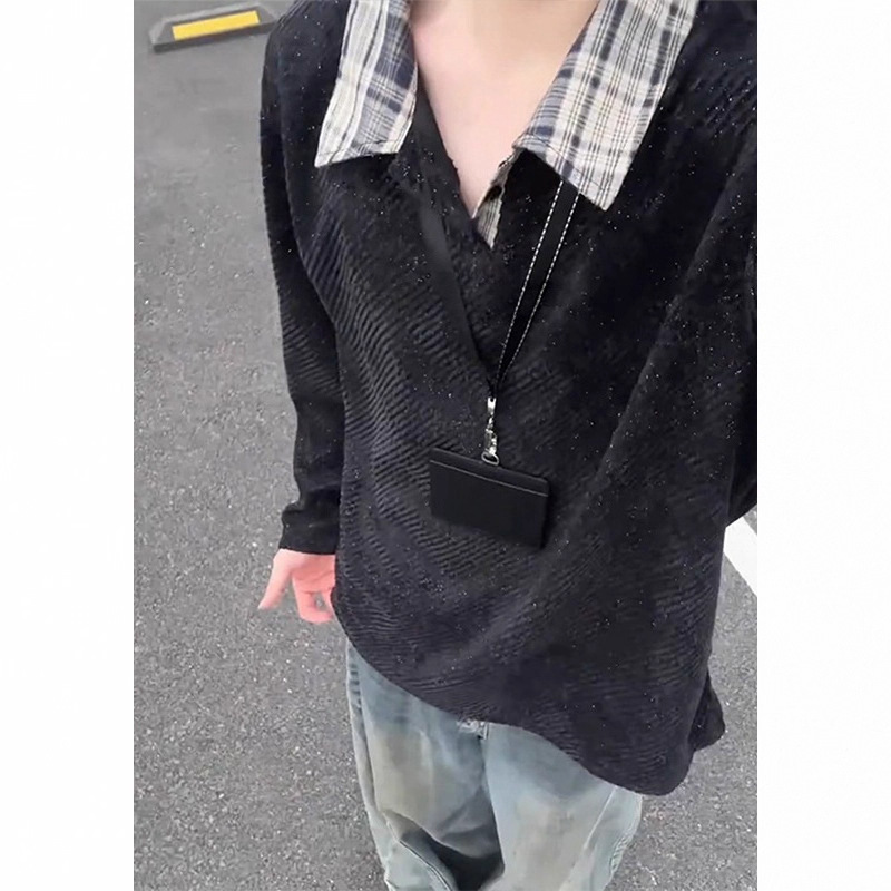深灰色雪尼尔粗毛呢polo卫衣男秋季美式重磅长袖t恤小香风针织衫|undefined