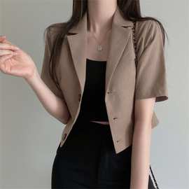 韩版纯色短袖棉麻小西装女2022春夏新休闲气质短款小西服外套