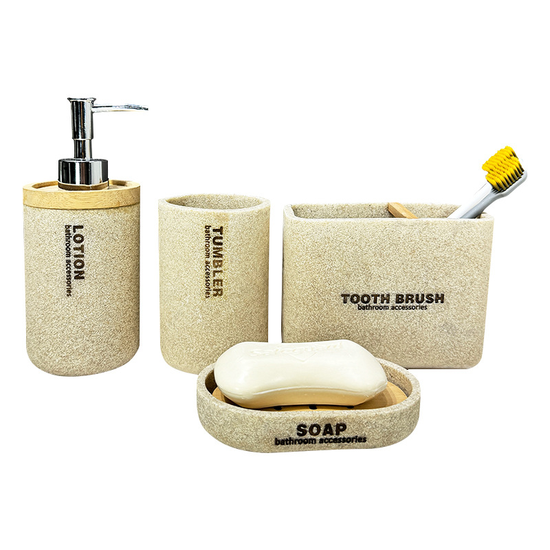 Baño de cuatro piezas con cubierta de bambú de resina, baño de hotel de estilo europeo, juego de lavado, taza de enjuague bucal, jabón, botella de desinfectante de manos