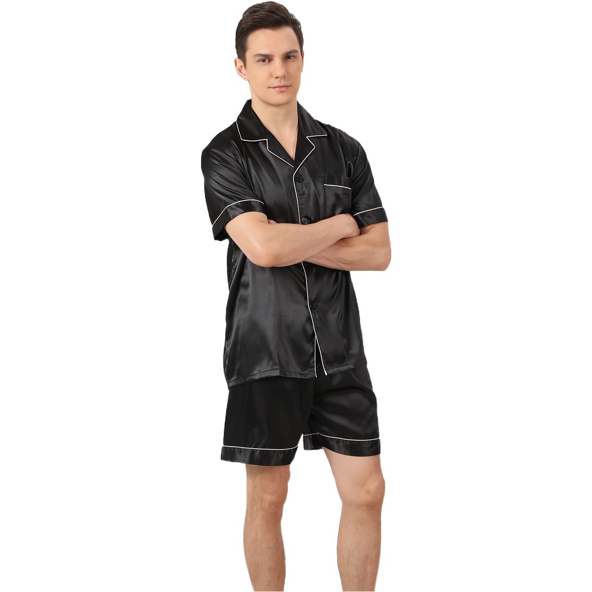 Traje de pijama de seda de hielo de los hombres de tamaño más tamaño europeo transfronterizo ropa de hogar suelta pantalones cortos de manga corta delgada transpirable para hombres de verano