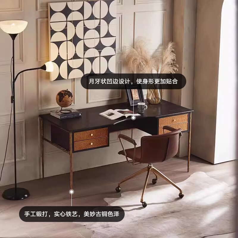 Retro Designer Handmade Forged Iron Desk Quiet Antique Rattan Solid Wood Computer Desk Writing Desk