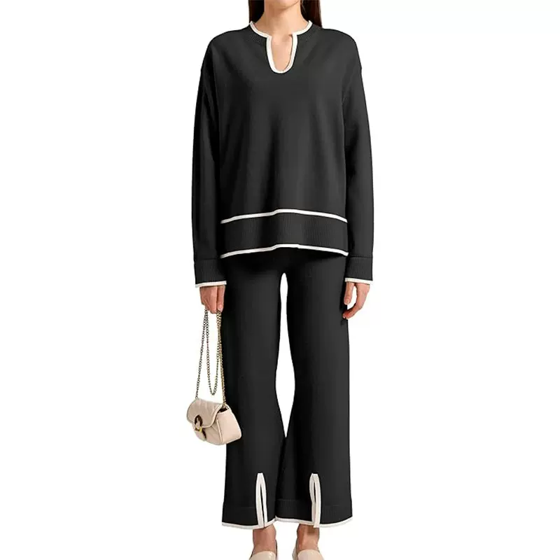 2023亚马逊OZON秋冬女装凹口领长袖针织毛衣套装开叉阔腿裤两件套