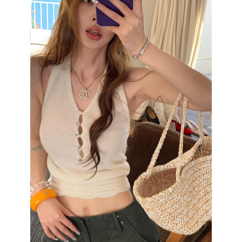 Hot Girl White V-Neck Halter Neck Knitted Camisole for Women, Summer Outerwear or Inner Wear, Short Hollow-Out Backless Sleeveless Top
