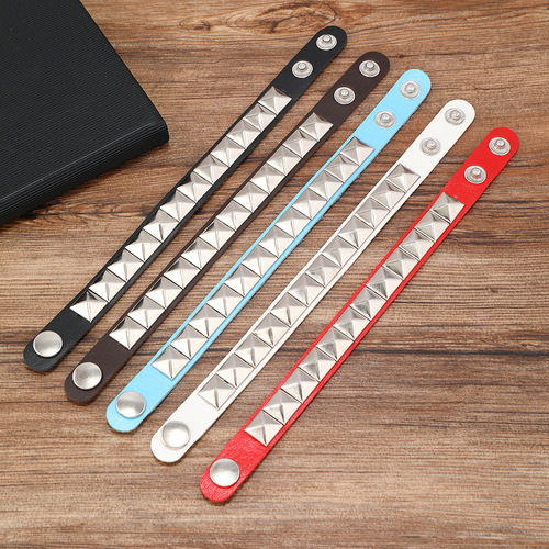 欧美银色方形铆钉情侣手环厂家直销男士合金对扣皮革手链