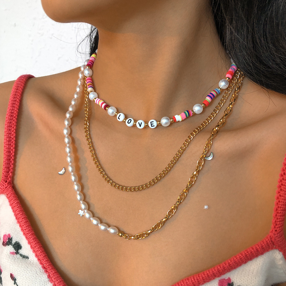 European and American crossborder bohemian fashion soft ceramic imitation pearl stacking multilayer necklacepicture3