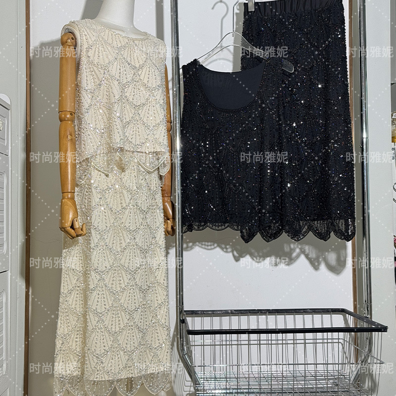 Fashion Yani New French Style Sleeveless Top Niche Heavy-Duty Skirt Sequin Beaded Slim-Fit Vest Women's Fashion